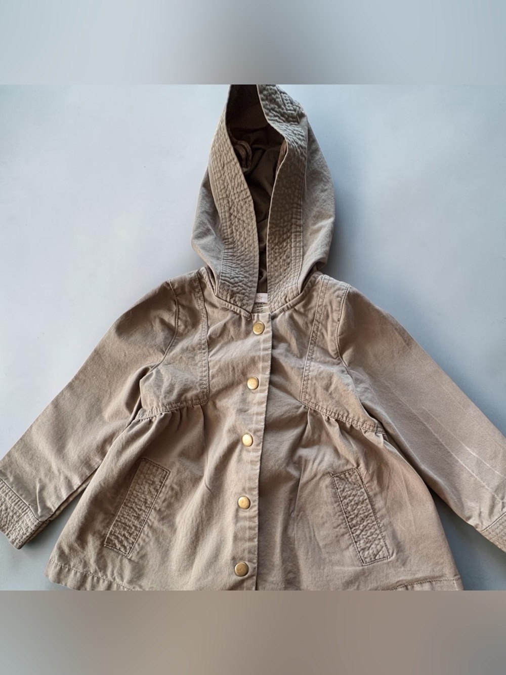 Size 2T Aspen kids Girls Hooded Pea Coat in Light Taupe. Gathered back. Pockets.